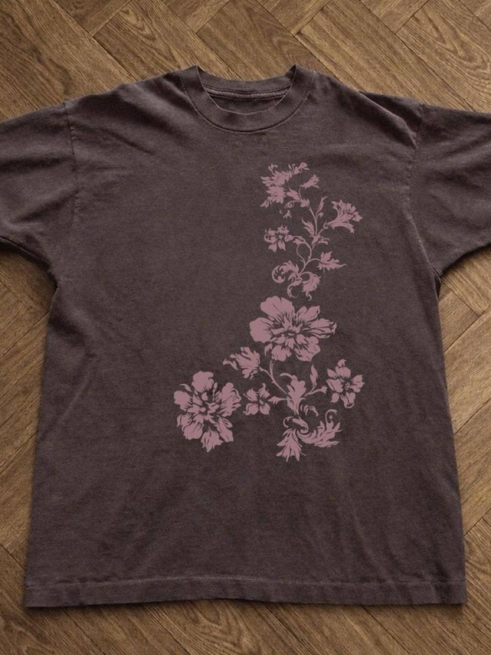 Gildan Brown Short Sleeve Tee with Pink Floral Print